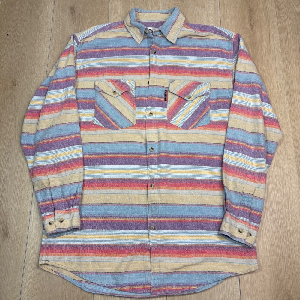 Point Zero Mens Multi Color Striped Cotton Button Down Flannel Shirt Medium‎